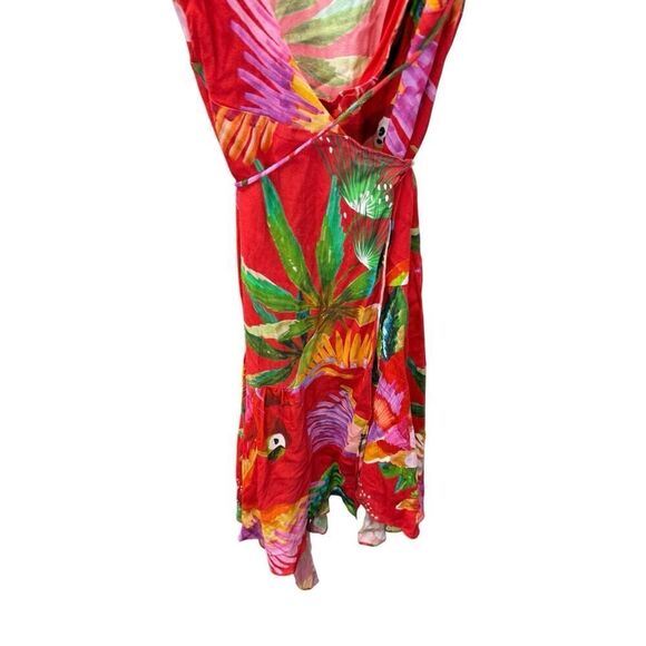 Farm Rio Red Tropical Parrot Wrap Dress XS Asymmetrical Midi Vacation Ready - Picture 11 of 13